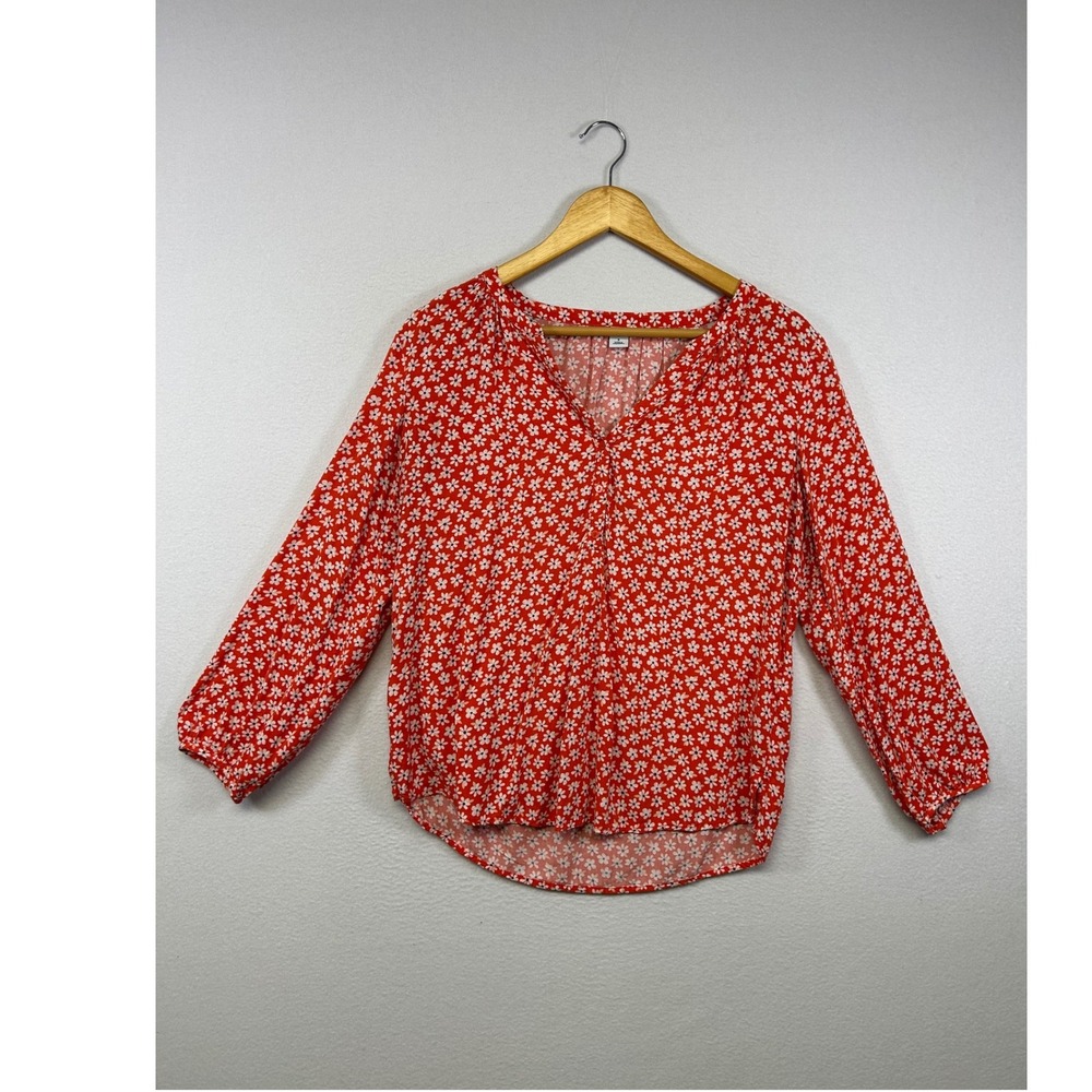 Cottagecore Boho Old Navy‎ Womens Small Red Floral Daisy Split Neck Rayon Blouse